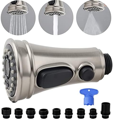 Pull Down Spray Head 3 Modes for Kitchen Faucet, Kitchen Sink Faucet Sprayer Nozzle Replacement Part with 9 Adapters, Kitchen Faucet Head Compatible with Moen, Delta, Kohler Faucet, Brushed Nickel