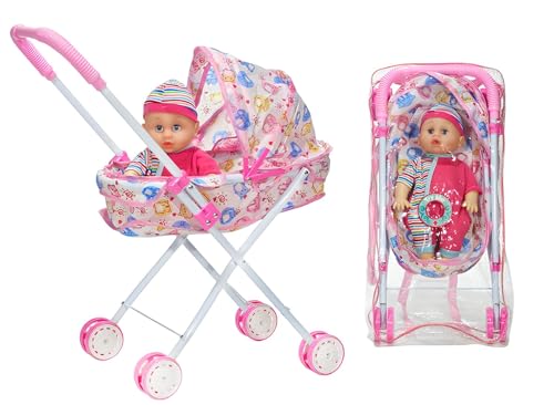 Muñeca con cochecito parlante con 12 sonidos, juego de cochecito de metal con voz, muñeca parlante, ride llora, llamada, mamá, papá, emite sonidos como un verdadero bebé, carrito plegable