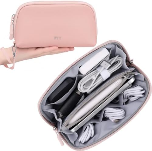 FYY Travel Cable Organizer - 8 Compartments Lightweight Water Resistant Tech Pouch with Wrist Strap, Portable Electronic Accessories Case for Cord Charger Storage for Travel Home Office, Pink (Small)