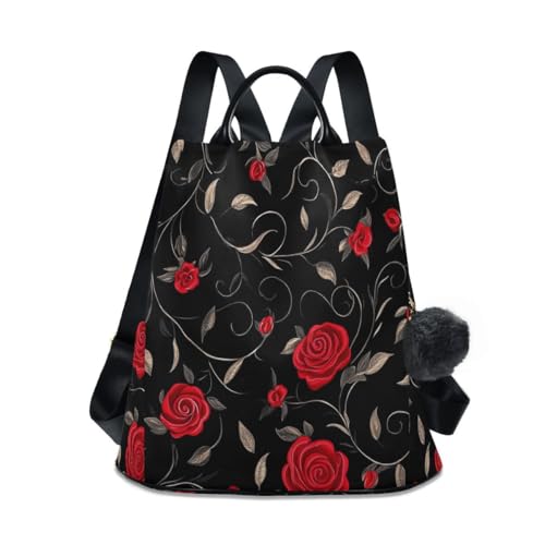 Image of ALAZA Red Rose on Black Trips Hiking Camping Rucksack Pack for Women