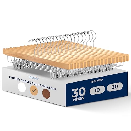 Serenelife Cintres en Bois avec Pinces - Cintres pour Pantalons, Jupes, Jeans, Uniformes - Crochets Pivotants 360°, Pinces Réglables, Finition Bois Naturel, Lot de 30