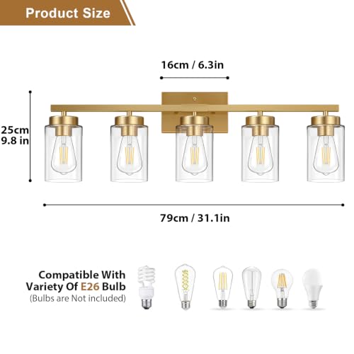 Image of IZORRO Bathroom Light Fixtures, Modern Vanity Lights, Bathroom Lighting Fixtures Over Mirror with Clear Glass Shade, Wall Sconce for Living Room Cabinet Bedroom (Brushed Gold, 5-Light)