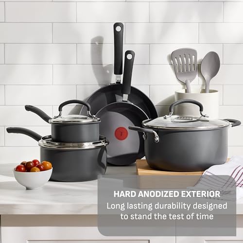 T-Fal Ultimate Hard Anodized Nonstick 10 Piece Cookware Set, Oven Safe Up to 400°F, Dishwasher Safe, Pots and Pans Set, Includes Frying Pans, Saucepan, Stockpot, Cooking Utensils, Stone by T-Fal - Image 3