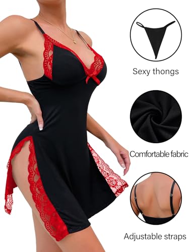 Image of Foxiny Sexy Split Side Floral Lace Trim Full Slip Night Gown Babydoll Lingerie Dress with Thong 2 piece