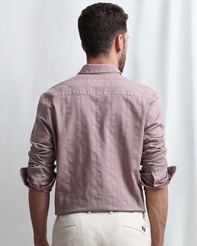 Image of MUFTI Men Shirt | Slim Fit Spread Collar Striped Design | 100% Cotton Dobby Fabric for Smart Casual & Business Casual Wear