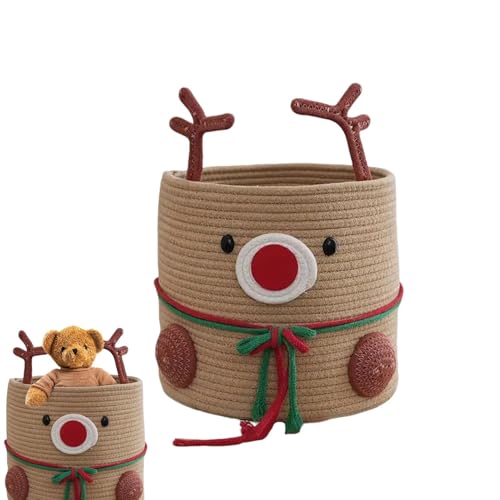 Rentier-gewebter Korb, Hirsch-Baumwollseilkorb - Geflochtene Regalkörbe aus Baumwollseil zum Organisieren,12 x 11 Zoll faltbarer Kinderzimmer-Aufbewahrungskorb für Kinderzimmer, Kleidung, Handtücher