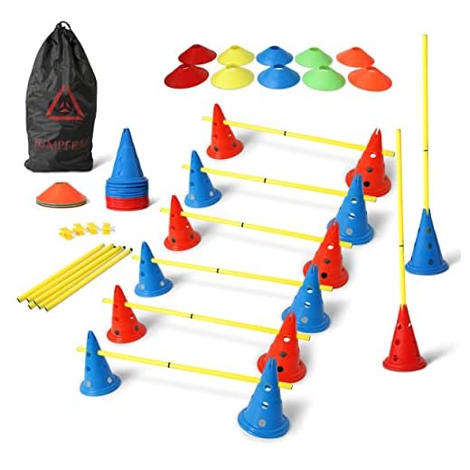 JUMPFEAT© Kit de Entrenamiento Deportivo (Conos/Discos/Barras) – Conos Señalizadores (Vallas) para Fútbol, Crossfit, Atletismo, Entrenamiento de Animales – Material Deportivo y Bolsa de Transporte