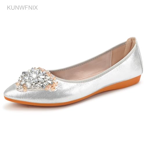 Image of KUNWFNIX Women Ballet Flats Rhinestone Wedding Ballerina Shoes Foldable Sparkly Comfort Slip on Flat Shoes