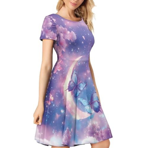 Image of HUGS IDEA Womens Puffy Swing Midi Dress Round Neck Short Sleeve Party A-Line Dresses