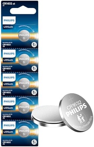 Philips CR1632 Batteries 5 Pack, CR 1632 Batteries Lithium 3v | Up to 70% More Power | 10 Year Shelf Life | Leak-Proof Design | Ideal for Car Key Battery, Fitness Trackers, Sensors, Monitors, Optics.
