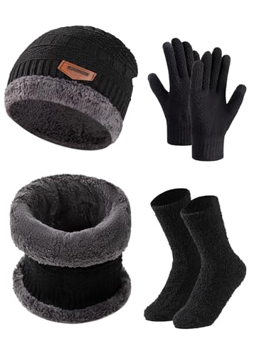 Winter Accessories Set, Black Knit Beanie Hat, Fleece Lined Scarf, Touchscreen Gloves, Thermal Fuzzy Socks for Men Women
