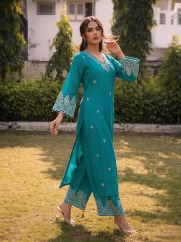 Image of SHIENZY Women's Embroidered Kurta Pant Set with Dupatta | Straight Kurta Set for Women | Ethnic Kurta Set for Women, Traditional Indian Kurta Pant Dupatta Set