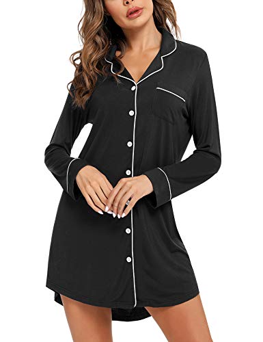 Image of Samring Nightgowns for Women Long Sleeve Button Down Night Gown Sleepshirts | Classic Nightdress,Soft House Dress,Chest Pocket,Loose Boyfriend Style,Sleep,Lounge,Wedding,Maternity&Postpartum,All Seasons