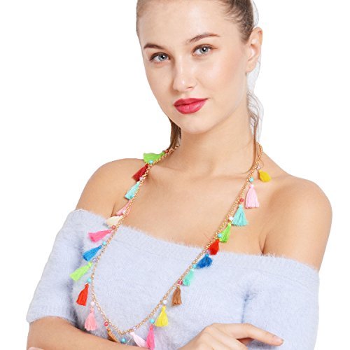 Simsly Long Multi Colored Tassel Necklace with Pendant for Women and Girls (Gold)
