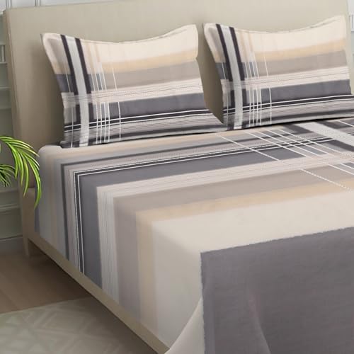 Image of Signature Digital Print Geometric Designs Super King Size Bedsheet - 108 x 108 inches | 100% Cotton-Feel Soft Fabric | Fade-Resistant Colors | 2 Matching Pillow Covers (Metro Lines)