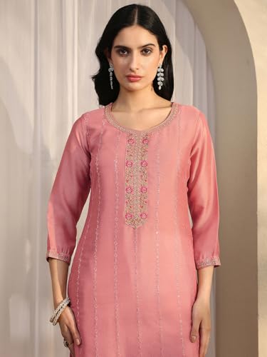 Image of Libas Embroidered Silk Blend Straight Kurta With Trouser and Dupatta