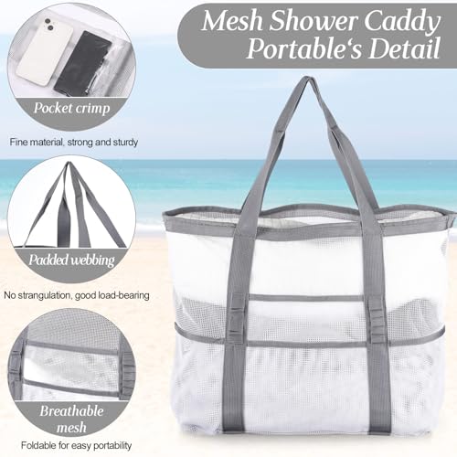 Image of Hillban Large Beach Mesh Bags Bulk for Women Beach Tote Bag with 8 Pocket Zipper Waterproof Sandproof for Pool Cruise Ship