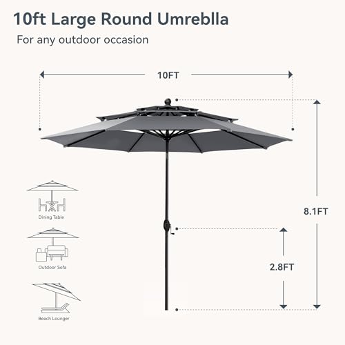 Image of PHI VILLA 10ft Outdoor Patio Umbrellas for Outside, 3 Tier Vented Market Table Umbrella Windproof for Backyard, Deck, Garden, 1.5 inch Pole, Grey(No Base)