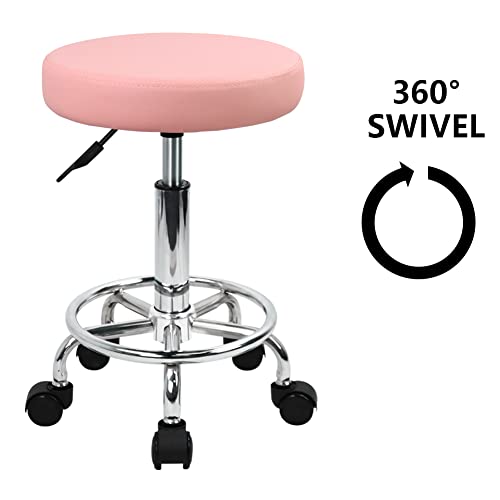Image of KKTONER PU Leather Round Rolling Stool with Foot Rest Swivel Height Adjustment Spa Drafting Salon Tattoo Work Office Massage Stools Task Chair (Pink)