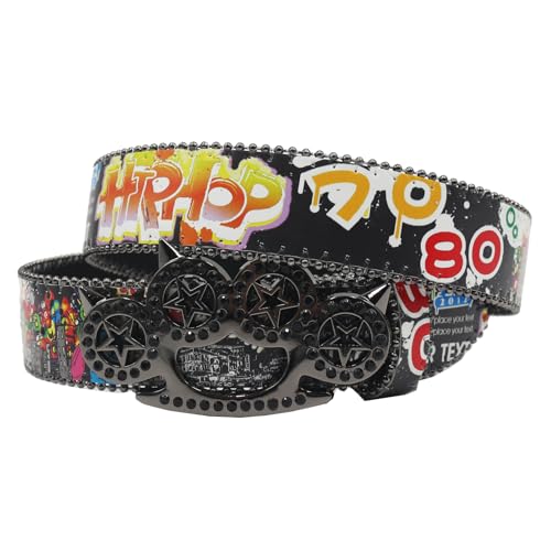 Unisex Graffiti Pattern Western Belt - Shining Cat's Claw Hollow, Rhinestones Studded Buckle, Punk Waist Strap