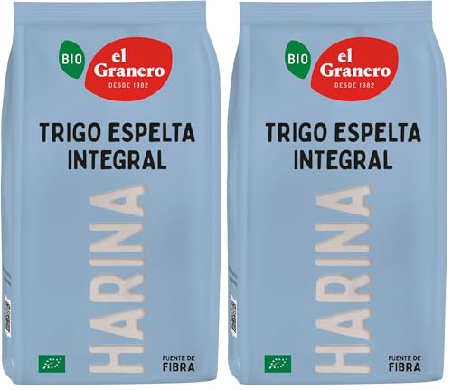 El Granero Integral - Harina Ecológica de Trigo Espelta Integral de 1 kg - Sin Azúcar Añadido - Alto Contenido en Carbohidratos y Fitonutrientes - Indicada para Elaborar Galletas o Pan (Paquete de 2)
