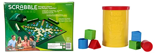 Image of Mattel Scrabble Board Game, Word, Letters Game, Multi Color & Fisher Price Original Baby's Plastic First Blocks, to Sort, Stack and Drop, Yellow