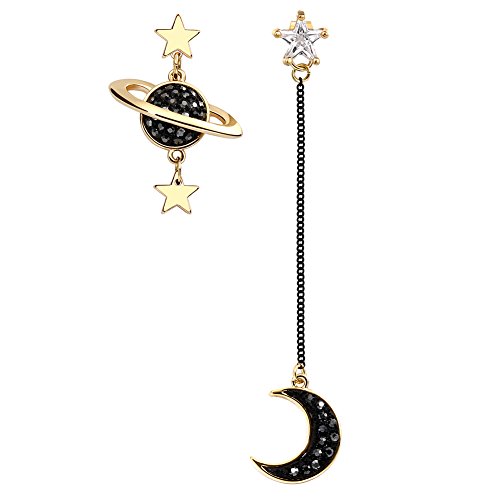 GooNight Asymmetrical droop Black Moon and Star Dangle Earrings Gold Plated Cubic Zirconia Sterling Silver Jewelry for Women
