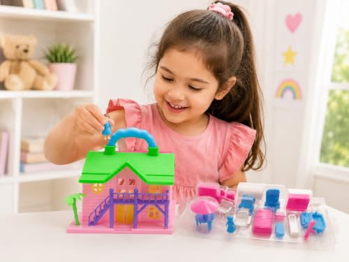 Image of OKU 1 Doll House Play Set for Girls, Mini Toy House with Furniture Accessories, Pretend Play Cottage House Educational Role Play Toy for Kids 3+ Years Birthday Gift