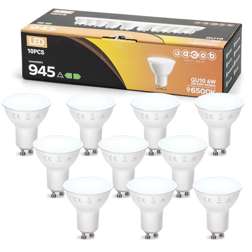 GREAT JACOB Bombillas LED GU10, 6500K Blanco Frío, 6W Equivalente 128W Halógena, 945Lúmenes 100° Spotlight, no regulable, Pack de 10