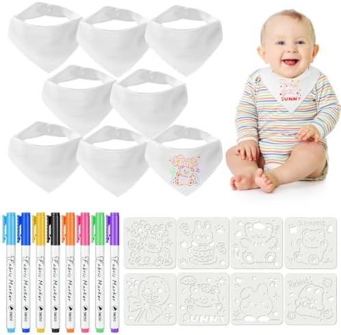Aolso Baby Lätzchen zum Bemalen - 8 Stück Weißes Baumwolllätzchen mit 8 Textilstiften und Zeichenvorlage - Wasserdichtes Lätzchen (40*29cm) für Babys und als Geschenk zur Babyparty