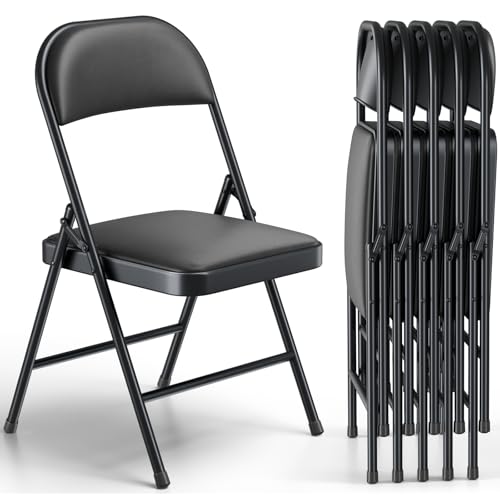 Image of Folding Chair, PU Leather Padded Folding Chairs for Outside and Indoor, Comfy Heavy Duty Portable Foldable Chairs Metal Commercial Seat for Office, Dorm, Party, Lawn, Patio, Black