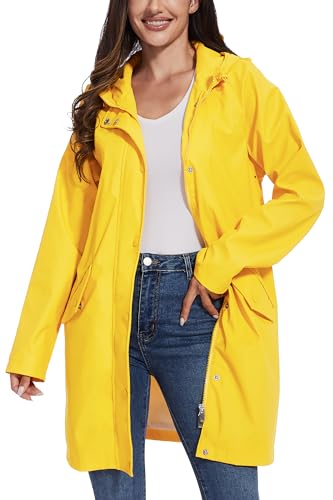 Fahsyee Waterproof Rain Jacket Women - Lightweight Long Raincoat Lined Coat with Hooded Windbreaker Trench Outdoor Active Yellow Size XXL