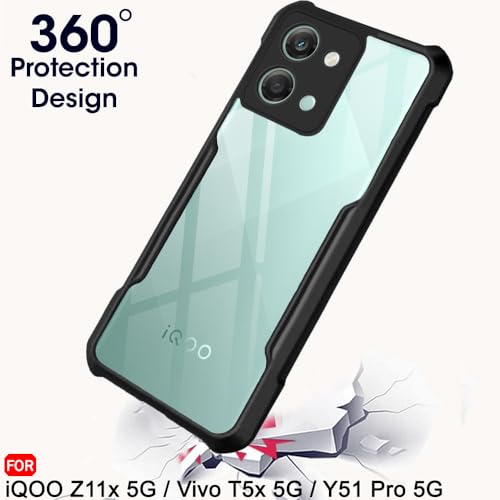 Image of TheGiftKart Back Cover Case for iQOO Z11x 5G / Vivo T5x 5G / Vivo Y51 Pro 5G | Shockproof Crystal Clear Transparent Back | 360 Degree Protection | iQOO Z11x Back Cover (PC & TPU, Black Bumper)