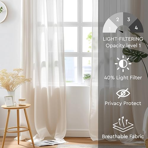 Encasa XO Beige Polyester Semi Transparent Voile Curtains with Tie Back (W 55" x L 54") - Window Panel Set of 2, Rod Pocket, Light-Filtering, Semi Sheer Curtain For Kitchen, Bedroom & Living Room - Image 4