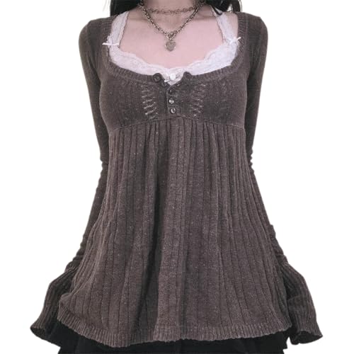 Women Y2K Babydoll Sweater Flare Hem Fairycore Shirt Blouse Long Sleeve Scoop Neck Sweet Cute Knit Top 2000s