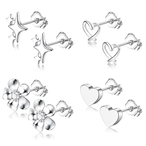 THUNARAZ Hypoallergenic Stud Earrings for Women Sterling Silver Post Earrings for Sensitive Ears Dainty Simple Flower Star Heart Stud Earrings for Women Pierced Earrings Jewelry Gifts
