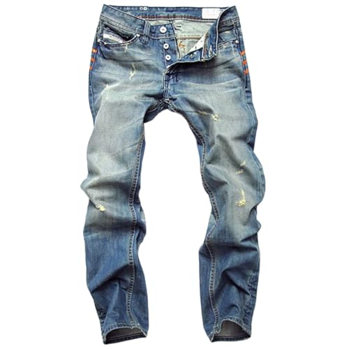 ACEFAST INC Men's Ripped Jeans Mid Rise Straight Leg, Retro Button Fly Denim Pants Relaxed Fit Stretch Blue