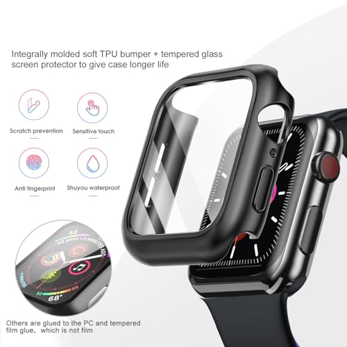 Image of HANKN 2 Pack Hard Plated Case for Apple Watch Series 11 10 42mm Tempered Glass Screen Protector Case, Full Coverage Shockproof Iwatch High Sensitivity Touch Scratch Resistant Bumper (Black+Black, 42