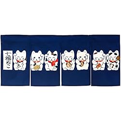 Cortinas Japonesas Cortas LIGCKY - Cortina japonesa Noren de entrada corta para colgar en el pasillo, 4 paneles, siete gatos de la suerte impresos, para restaurante, sushi, decoración del hogar, 80 cm de ancho x 35 cm de largo