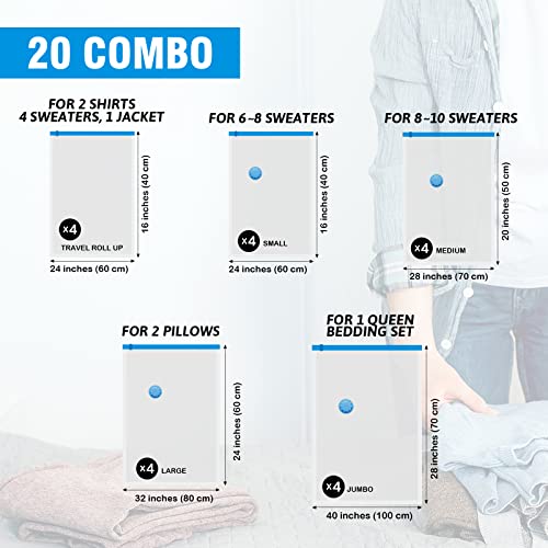 20 Pack Vacuum Storage Bags, Space Saver Bags(4 Jumbo/4 Large/4 Medium/4 Small/4 Roll), Vacuum Sealer Bags For Clothes, Clothing, Comforters And Blankets, Compression Storage Bags With Hand Pump #TOP1