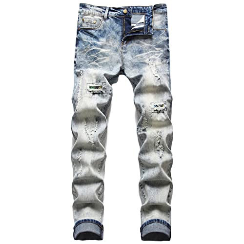 Men Ripped Vintage Biker Jeans Distressed Destroyed Zipper Denim Pants Straight Holes Moto Patch Hip Hop Jean (Light Blue 3,38)