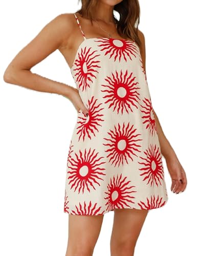 Image of ROAONOCOMO Women Boho Graffiti Cami Mini Dress Spaghetti Strap Printed A Line Short Dress Cute Colorful Sundress