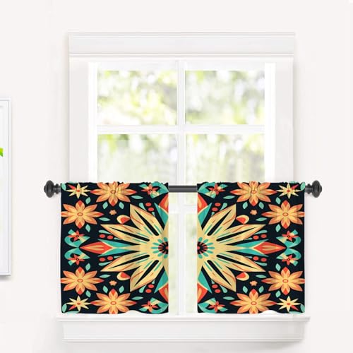 BaoNews Floral Pattern Blackout Tier Curtains, Colorful Geometric Design Half Window Drapes for Kitchen with Rod Pocket,Room Darkening 2 Pack 26X24 Inches