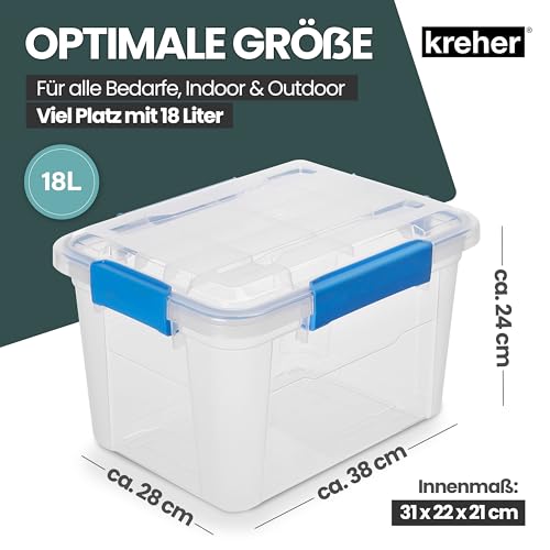 Kreher® Aufbewahrungsbox 18 Liter mit Deckel – wasserdicht & staubdicht, transparent & stapelbar, BPA- & schadstofffrei, robuste Kunststoffbox mit Silikondichtung & 4 Clips (2, 18 Liter)