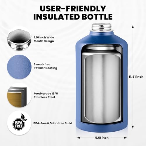 Image of RAYMYLO One Gallon Water Bottle Insulated, Triple Walled Vacuum Stainless Steel (Cold for 48 Hrs), Leak Proof & Non-BPA, Large Water Flask Jug with Paracord Handle & Straw Spout Lids