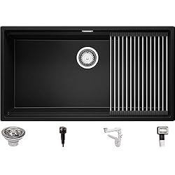 Fregadero Praga Fregadero Negro 86x47 cm, Fregadero Granito Un Seno + enrollable escurridor + Sifón Automático, Fregadero bajo encimera Prague 90 Level de Primagran