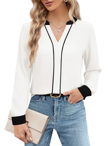 Tankaneo Womens Business Casual Tops 2025 V Neck Blouses Long Sleeve Fall Loose Work Shirts