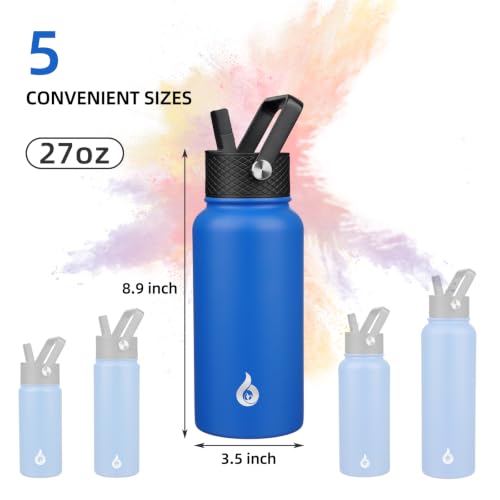 Image of BJPKPK Insulated Water Bottles with Straw Lid, 27oz Stainless Steel Water Bottle with 3 Lids, Leak Proof BPA Free Metal Thermo, Mugs, Tumblers, Keep Cold Hot -Sapphire