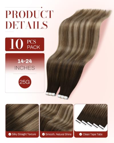 Image of Moresoo Tape Extensions Real Hair Golden Brown Balayage 14in 10Pcs 25g | Tape in hair extensions real human hair, partial add-on set, flat tabs, golden ribbons for face-framing and daily wear