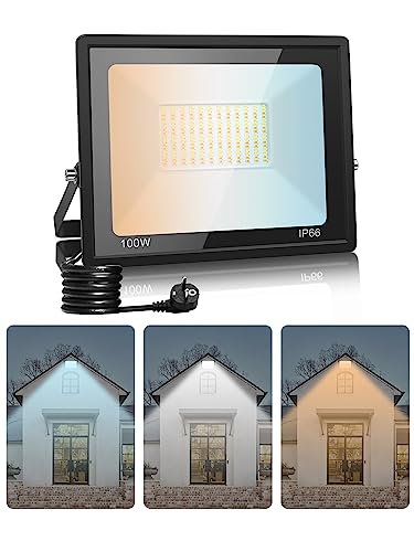 Litglobe LED Strahler Außen mit Stecker 100W,3000K/4500K/6500K LED Scheinwerfer Dimmbar,10000LM Superhell Fluter Flutlichtstrahler,IP66 Wasserdicht Aussenstrahler für Hof Garten Sportplatz
